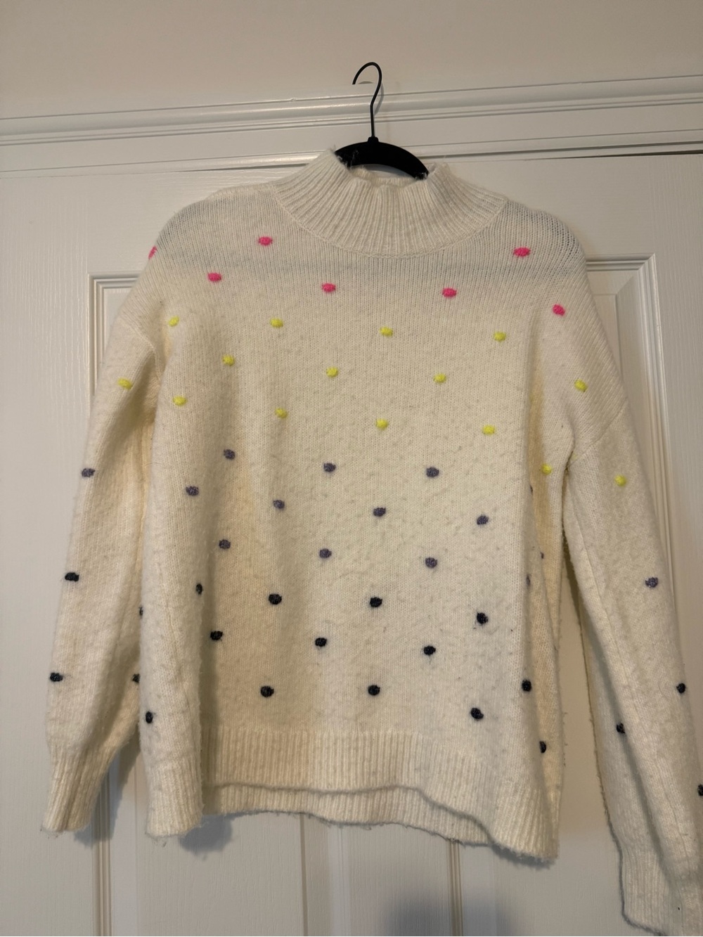 LOFT Cream Mock Neck Sweater with Pink, Yellow and Navy Pom Accents